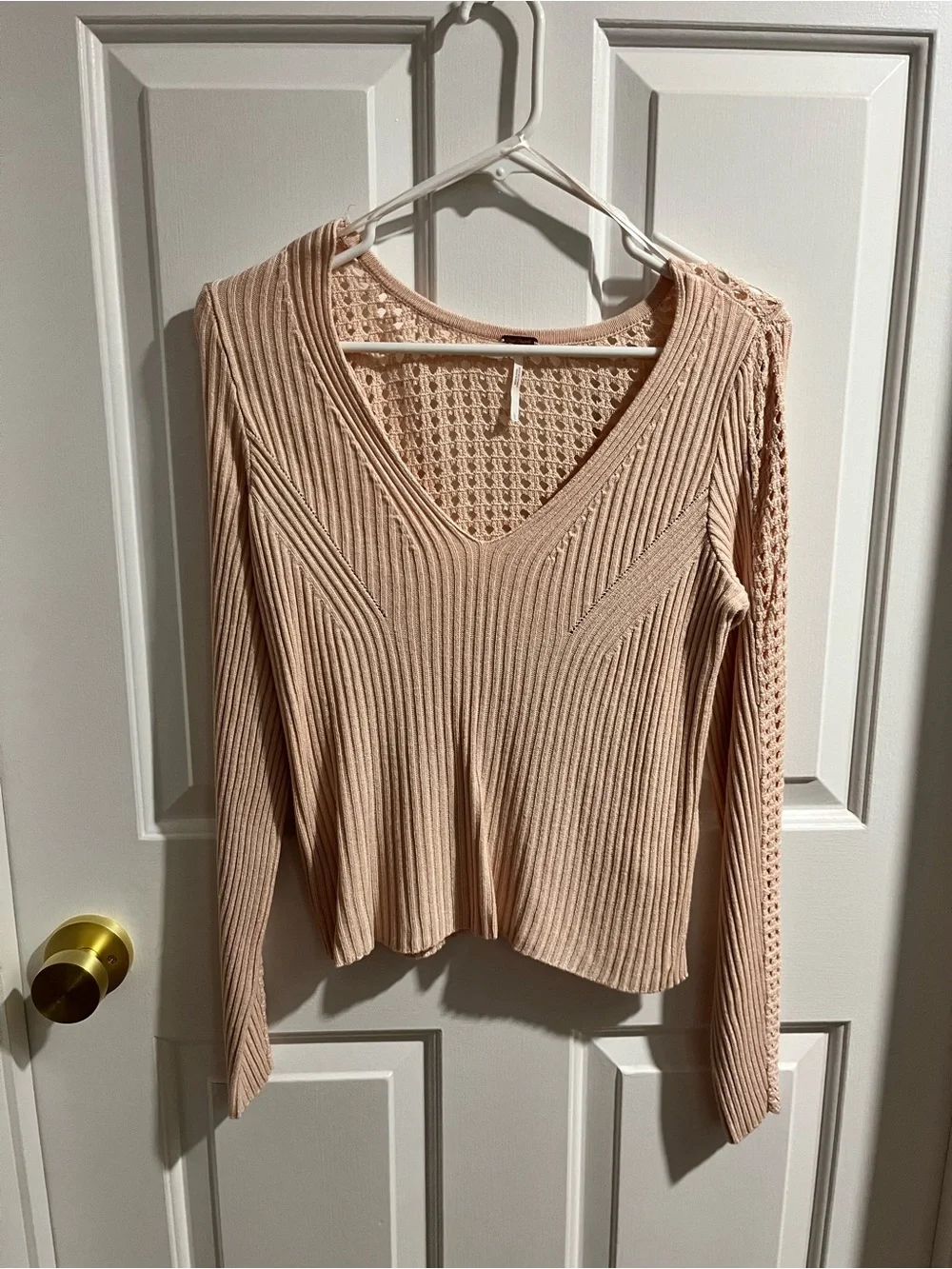 Free People V-Neck Ribbed Knit Sweater in Blush